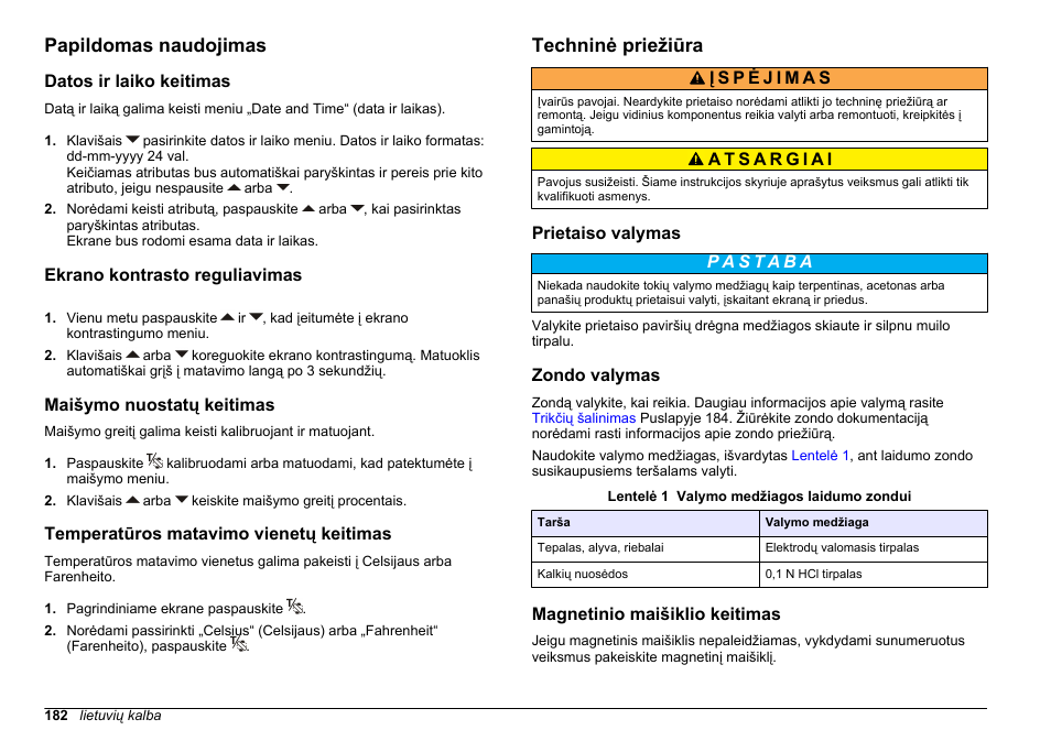 Papildomas naudojimas, Datos ir laiko keitimas, Ekrano kontrasto reguliavimas | Maišymo nuostatų keitimas, Temperatūros matavimo vienetų keitimas, Techninė priežiūra, Prietaiso valymas, Zondo valymas, Magnetinio maišiklio keitimas | Hach-Lange SENSION+ EC7 User Manual | Page 182 / 268