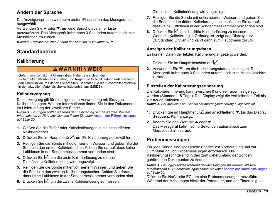 Ändern der sprache, Standardbetrieb, Kalibrierung | Kalibriervorgang, Anzeigen der kalibrierungsdaten, Einstellen der kalibrierungserinnerung, Probenmessungen | Hach-Lange SENSION+ EC7 User Manual | Page 19 / 268