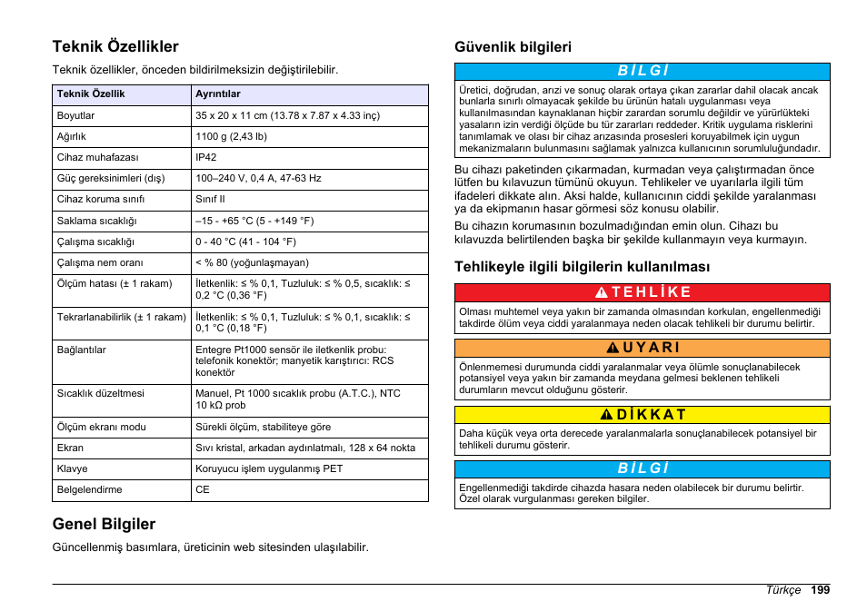 Kullanım kılavuzu, Teknik özellikler, Genel bilgiler | Güvenlik bilgileri, Tehlikeyle ilgili bilgilerin kullanılması, Türkçe | Hach-Lange SENSION+ EC7 User Manual | Page 199 / 268