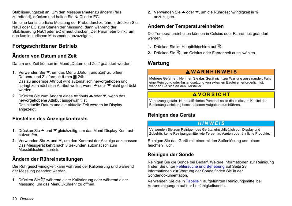 Fortgeschrittener betrieb, Ändern von datum und zeit, Einstellen des anzeigekontrasts | Ändern der rühreinstellungen, Ändern der temperatureinheiten, Wartung, Reinigen des geräts, Reinigen der sonde | Hach-Lange SENSION+ EC7 User Manual | Page 20 / 268