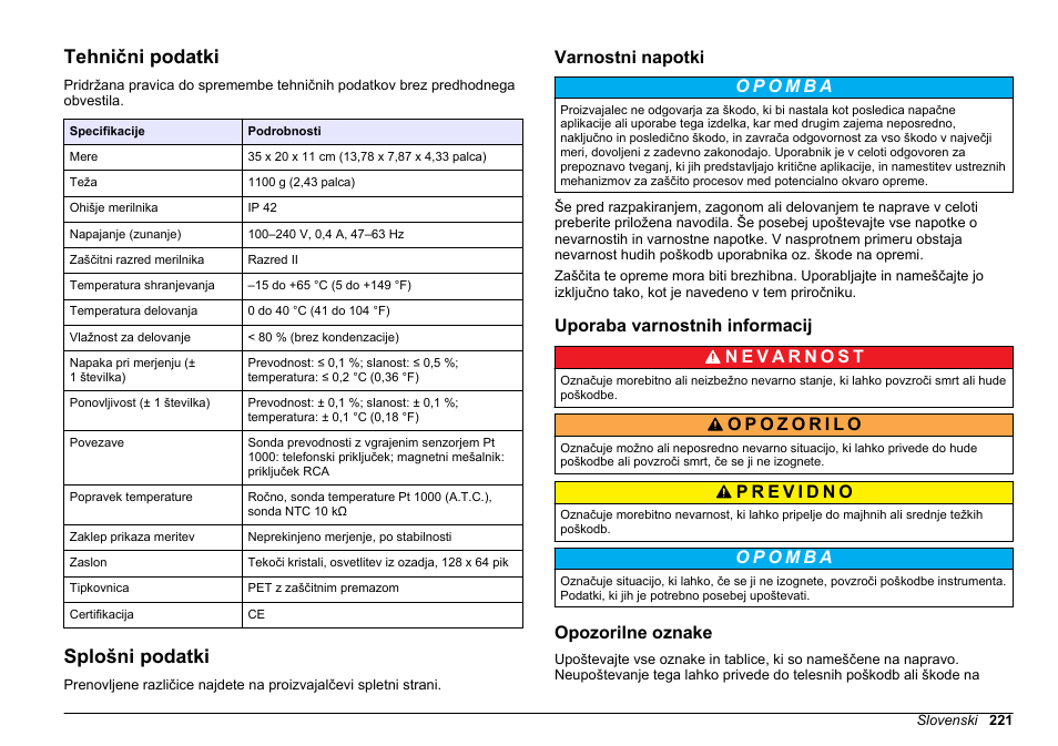 Navodila za uporabo, Tehnični podatki, Splošni podatki | Varnostni napotki, Uporaba varnostnih informacij, Opozorilne oznake, Slovenski | Hach-Lange SENSION+ EC7 User Manual | Page 221 / 268