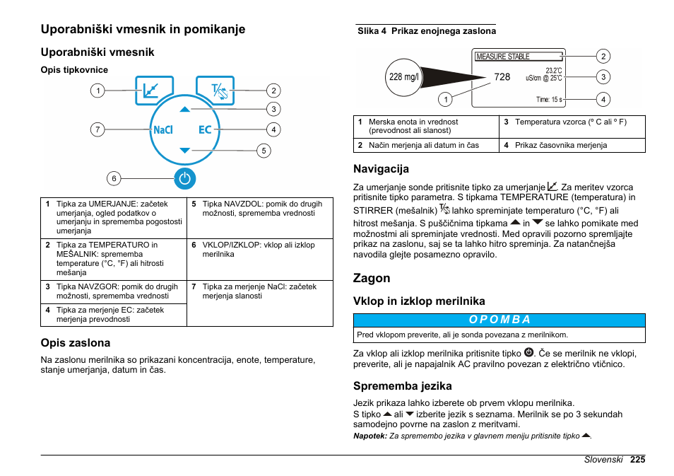 Uporabniški vmesnik in pomikanje, Uporabniški vmesnik, Opis zaslona | Navigacija, Zagon, Vklop in izklop merilnika, Sprememba jezika | Hach-Lange SENSION+ EC7 User Manual | Page 225 / 268