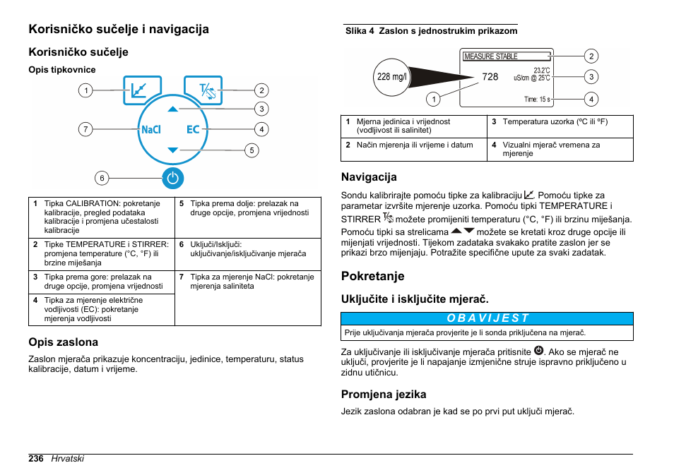 Korisničko sučelje i navigacija, Korisničko sučelje, Opis zaslona | Navigacija, Pokretanje, Uključite i isključite mjerač, Promjena jezika | Hach-Lange SENSION+ EC7 User Manual | Page 236 / 268