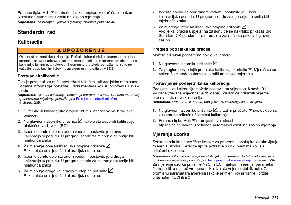 Standardni rad, Kalibracija, Postupak kalibracije | Pregled podataka kalibracije, Postavljanje podsjetnika za kalibraciju, Mjerenja uzorka | Hach-Lange SENSION+ EC7 User Manual | Page 237 / 268