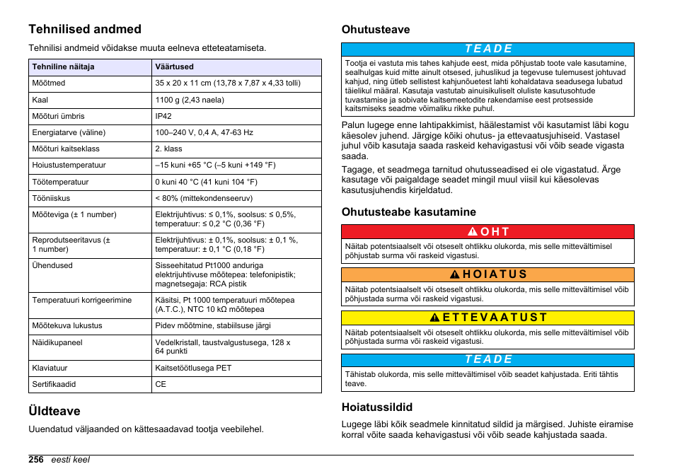 Kasutusjuhend, Tehnilised andmed, Üldteave | Ohutusteave, Ohutusteabe kasutamine, Hoiatussildid, Eesti keel, Ohutusteabe kasutamine o h t | Hach-Lange SENSION+ EC7 User Manual | Page 256 / 268