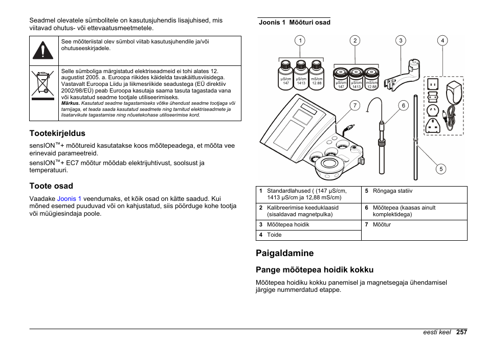 Tootekirjeldus, Toote osad, Paigaldamine | Pange mõõtepea hoidik kokku | Hach-Lange SENSION+ EC7 User Manual | Page 257 / 268