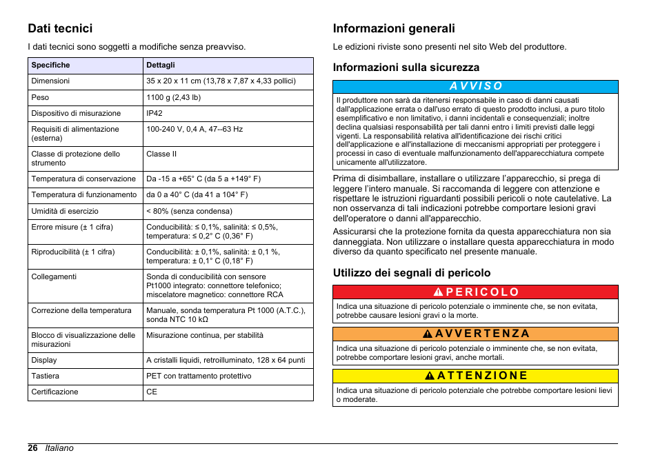 Manuale dell'utente, Dati tecnici, Informazioni generali | Informazioni sulla sicurezza, Utilizzo dei segnali di pericolo, Italiano | Hach-Lange SENSION+ EC7 User Manual | Page 26 / 268