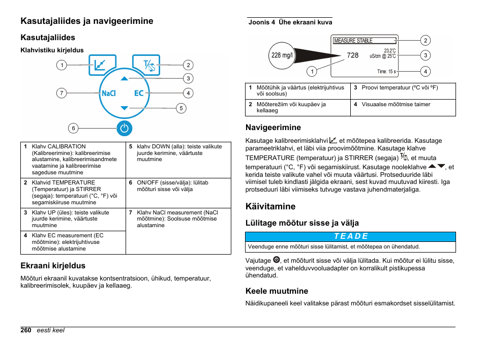 Kasutajaliides ja navigeerimine, Kasutajaliides, Ekraani kirjeldus | Navigeerimine, Käivitamine, Lülitage mõõtur sisse ja välja, Keele muutmine | Hach-Lange SENSION+ EC7 User Manual | Page 260 / 268
