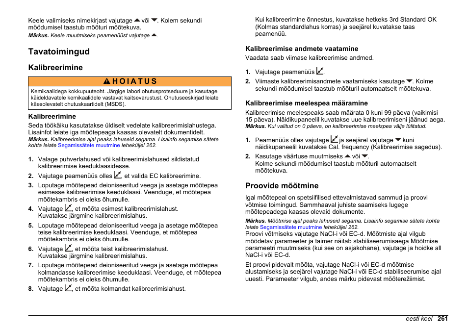 Tavatoimingud, Kalibreerimine, Kalibreerimise andmete vaatamine | Kalibreerimise meelespea määramine, Proovide mõõtmine | Hach-Lange SENSION+ EC7 User Manual | Page 261 / 268
