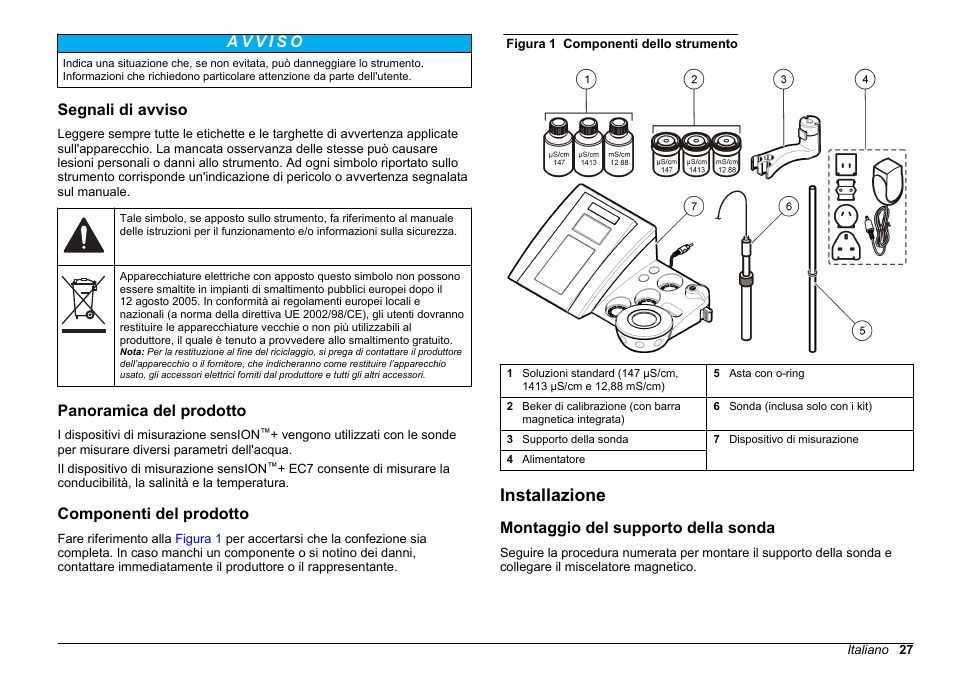 Segnali di avviso, Panoramica del prodotto, Componenti del prodotto | Installazione, Montaggio del supporto della sonda | Hach-Lange SENSION+ EC7 User Manual | Page 27 / 268