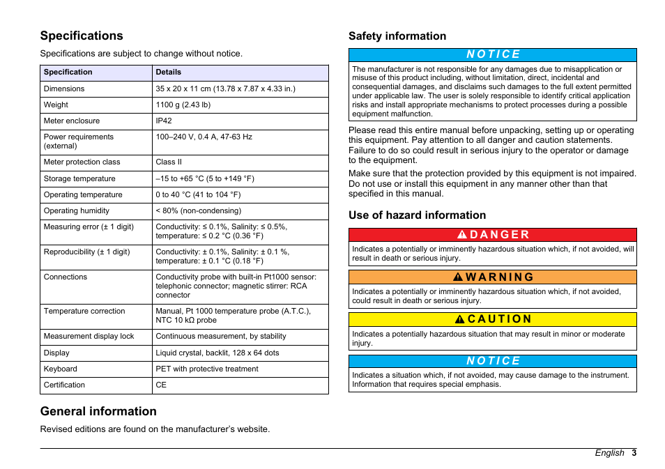 User manual, Specifications, General information | Safety information, Use of hazard information, English | Hach-Lange SENSION+ EC7 User Manual | Page 3 / 268