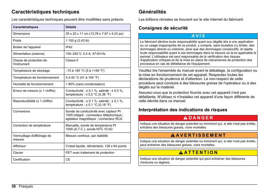 Manuel d'utilisation, Caractéristiques techniques, Généralités | Consignes de sécurité, Interprétation des indications de risques, Français | Hach-Lange SENSION+ EC7 User Manual | Page 38 / 268