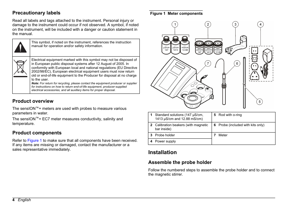 Precautionary labels, Product overview, Product components | Installation, Assemble the probe holder | Hach-Lange SENSION+ EC7 User Manual | Page 4 / 268