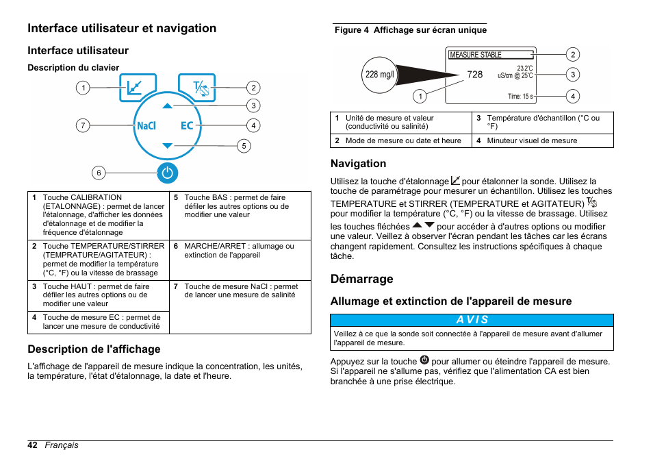 Interface utilisateur et navigation, Interface utilisateur, Description de l'affichage | Navigation, Démarrage, Allumage et extinction de l'appareil de mesure | Hach-Lange SENSION+ EC7 User Manual | Page 42 / 268