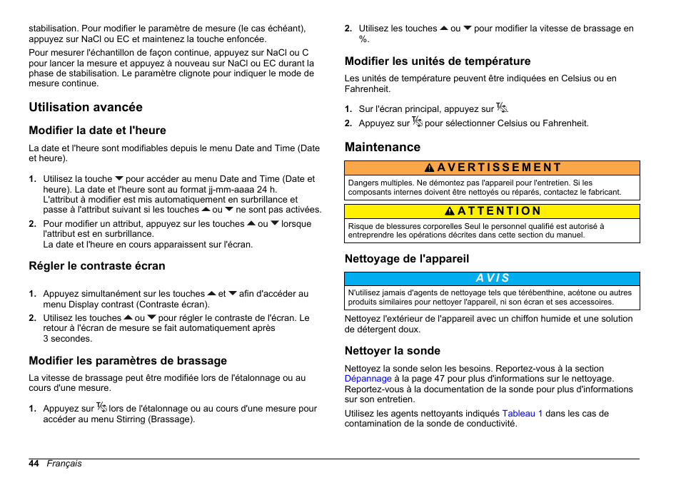 Utilisation avancée, Modifier la date et l'heure, Régler le contraste écran | Modifier les paramètres de brassage, Modifier les unités de température, Maintenance, Nettoyage de l'appareil, Nettoyer la sonde, Modifier les, Paramètres de brassage | Hach-Lange SENSION+ EC7 User Manual | Page 44 / 268