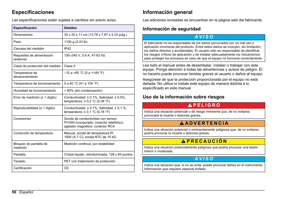 Manual del usuario, Especificaciones, Información general | Información de seguridad, Uso de la información sobre riesgos, Español | Hach-Lange SENSION+ EC7 User Manual | Page 50 / 268