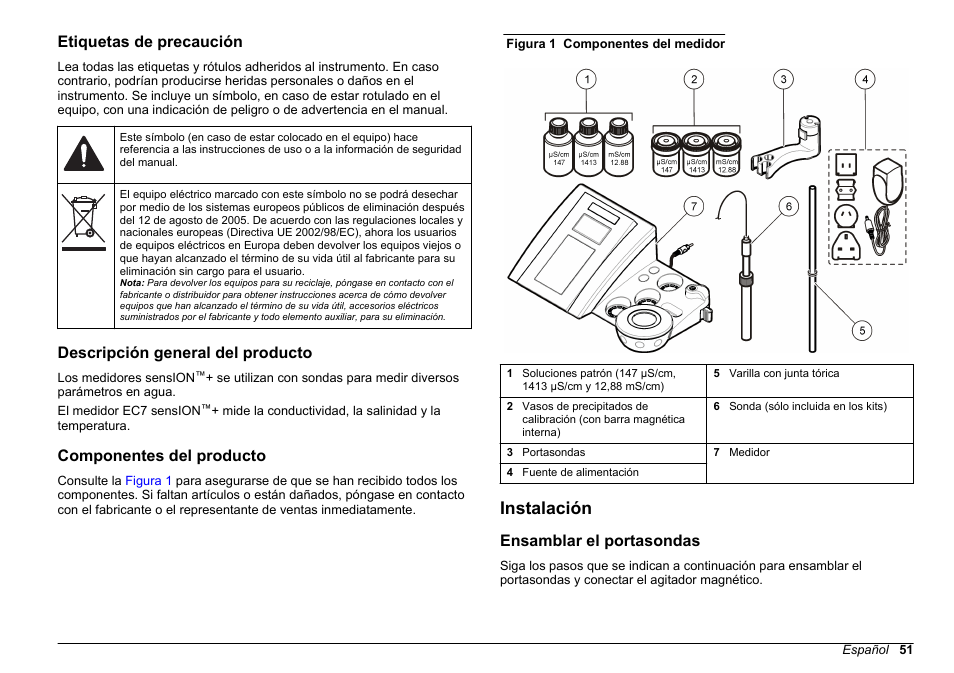 Etiquetas de precaución, Descripción general del producto, Componentes del producto | Instalación, Ensamblar el portasondas | Hach-Lange SENSION+ EC7 User Manual | Page 51 / 268