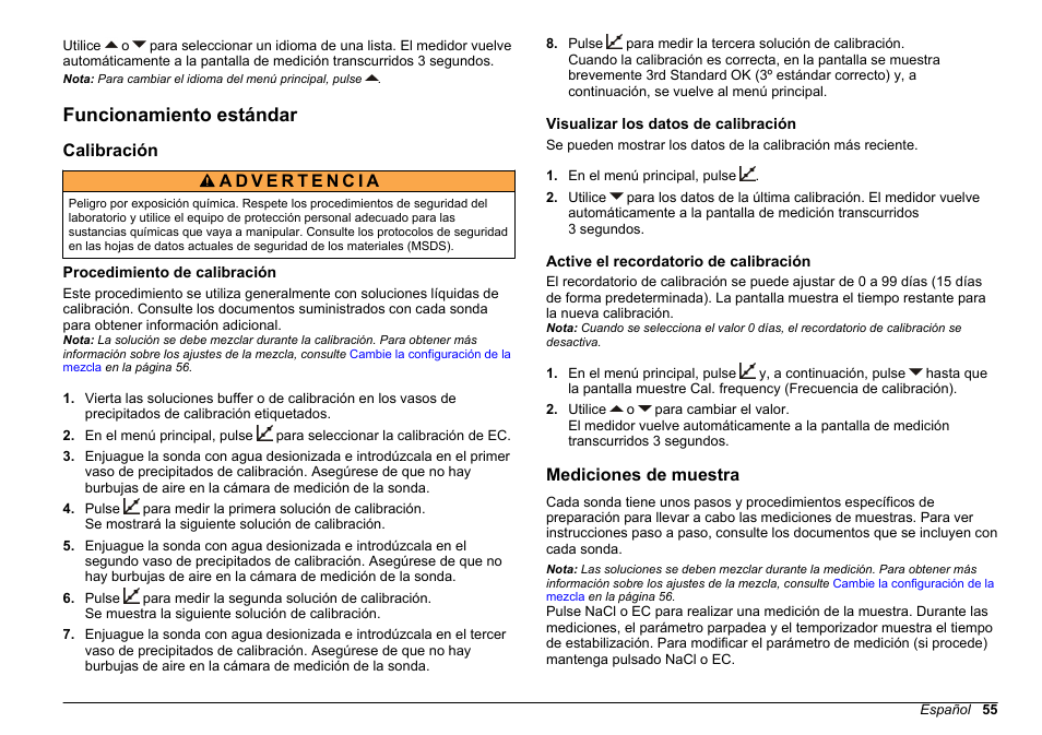 Funcionamiento estándar, Calibración, Procedimiento de calibración | Visualizar los datos de calibración, Active el recordatorio de calibración, Mediciones de muestra | Hach-Lange SENSION+ EC7 User Manual | Page 55 / 268