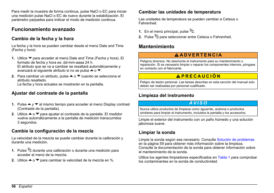 Funcionamiento avanzado, Cambio de la fecha y la hora, Ajustar del contraste de la pantalla | Cambie la configuración de la mezcla, Cambiar las unidades de temperatura, Mantenimiento, Limpieza del instrumento, Limpiar la sonda, Cambie la configuración de la, Mezcla | Hach-Lange SENSION+ EC7 User Manual | Page 56 / 268