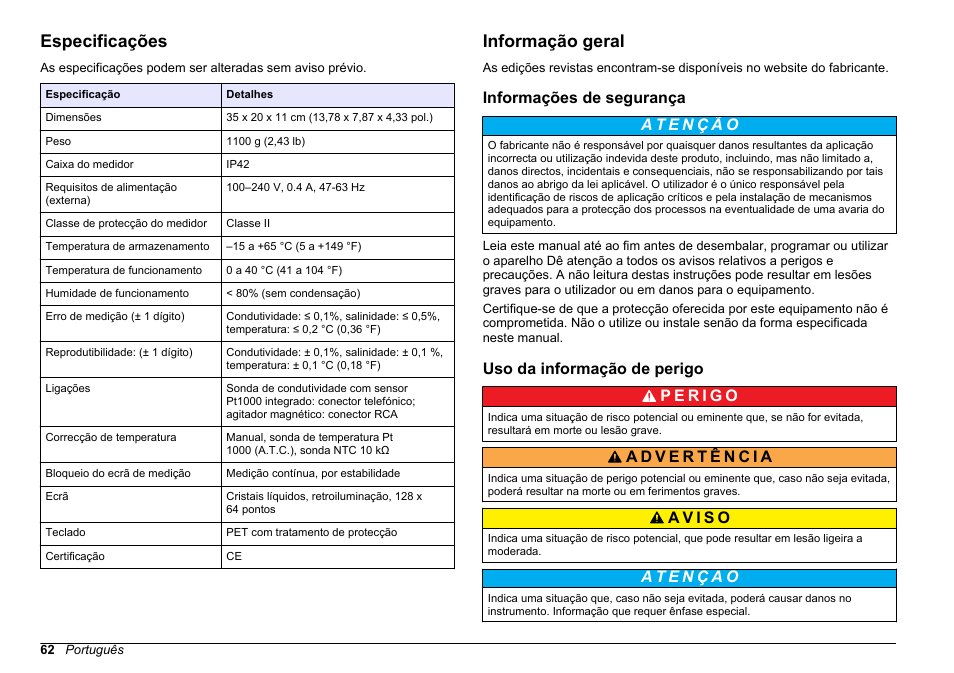 Manual do utilizador, Especificações, Informação geral | Informações de segurança, Uso da informação de perigo, Português | Hach-Lange SENSION+ EC7 User Manual | Page 62 / 268