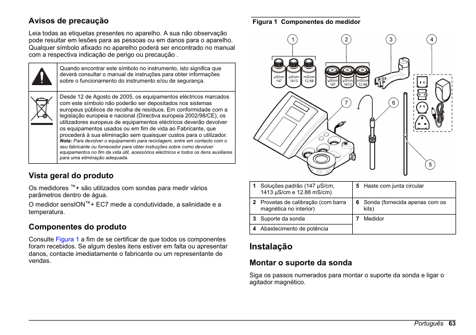 Avisos de precaução, Vista geral do produto, Componentes do produto | Instalação, Montar o suporte da sonda | Hach-Lange SENSION+ EC7 User Manual | Page 63 / 268