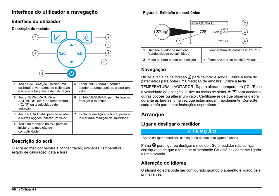 Interface do utilizador e navegação, Interface do utilizador, Descrição do ecrã | Navegação, Arranque, Ligar e desligar o medidor, Alteração do idioma | Hach-Lange SENSION+ EC7 User Manual | Page 66 / 268