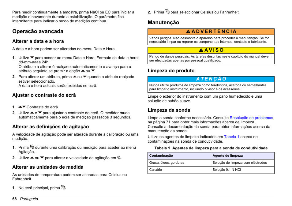 Operação avançada, Alterar a data e a hora, Ajustar o contraste do ecrã | Alterar as definições de agitação, Alterar as unidades de medida, Manutenção, Limpeza do produto, Limpeza da sonda, Alterar as definições de, Agitação | Hach-Lange SENSION+ EC7 User Manual | Page 68 / 268