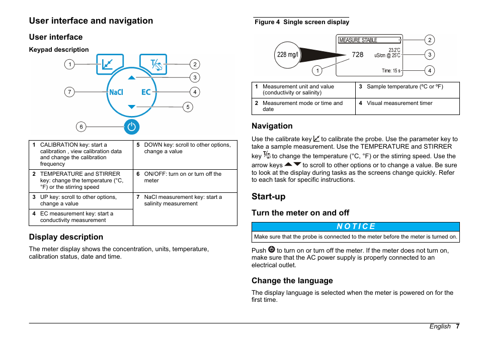 User interface and navigation, User interface, Display description | Navigation, Start-up, Turn the meter on and off, Change the language | Hach-Lange SENSION+ EC7 User Manual | Page 7 / 268
