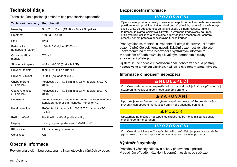 Uživatelská příručka, Technické údaje, Obecné informace | Bezpečnostní informace, Informace o možném nebezpečí, Výstražné symboly, Čeština | Hach-Lange SENSION+ EC7 User Manual | Page 74 / 268
