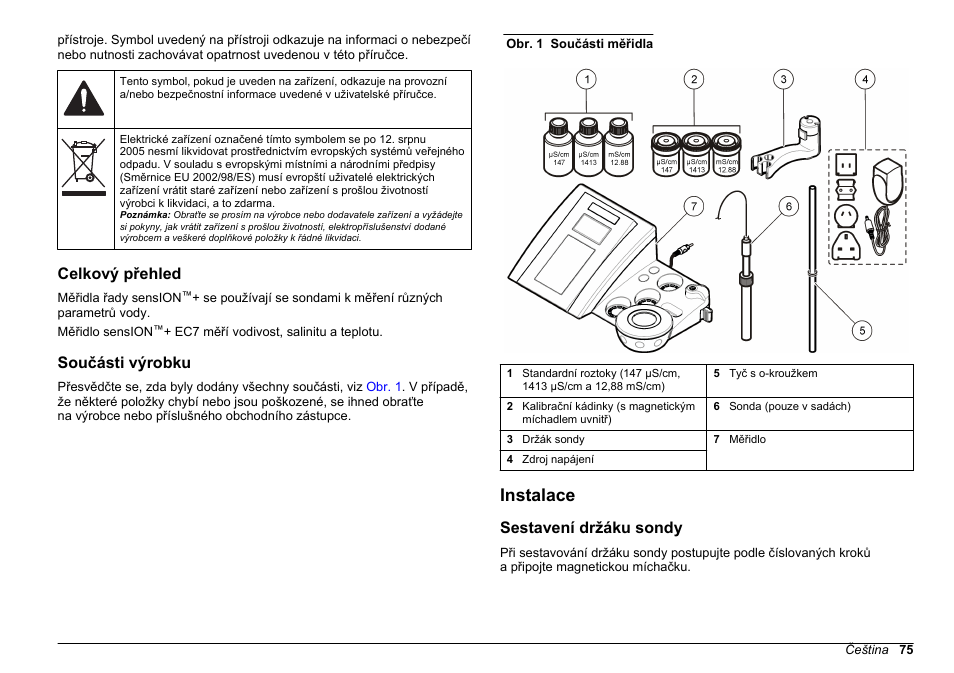 Celkový přehled, Součásti výrobku, Instalace | Sestavení držáku sondy | Hach-Lange SENSION+ EC7 User Manual | Page 75 / 268