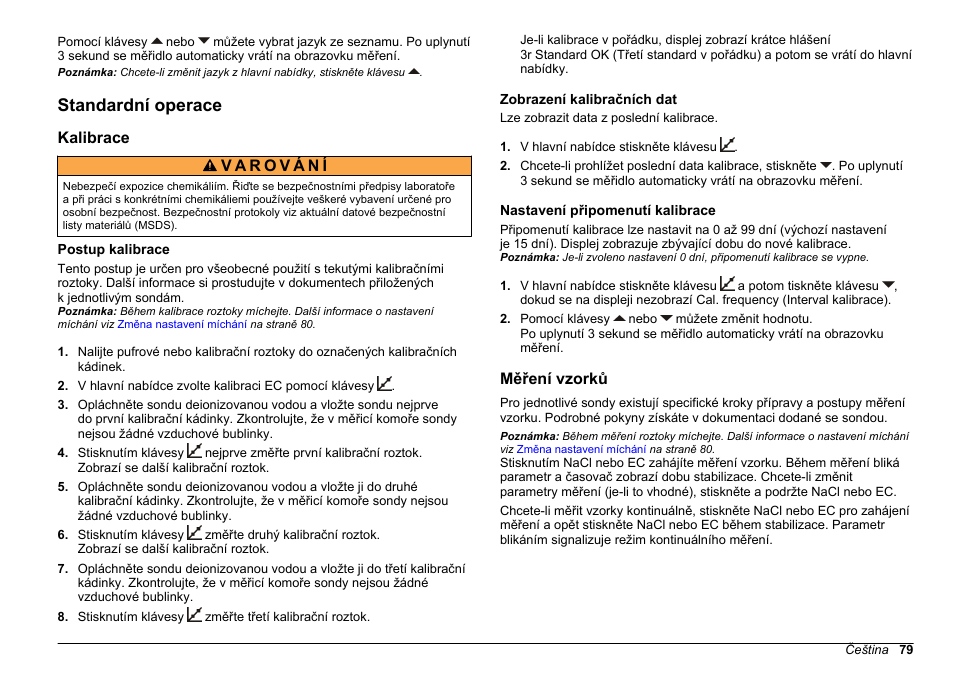 Standardní operace, Kalibrace, Postup kalibrace | Zobrazení kalibračních dat, Nastavení připomenutí kalibrace, Měření vzorků | Hach-Lange SENSION+ EC7 User Manual | Page 79 / 268