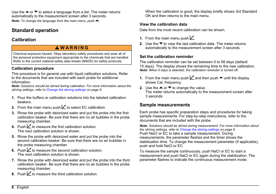 Standard operation, Calibration, Calibration procedure | View the calibration data, Set the calibration reminder, Sample measurements | Hach-Lange SENSION+ EC7 User Manual | Page 8 / 268