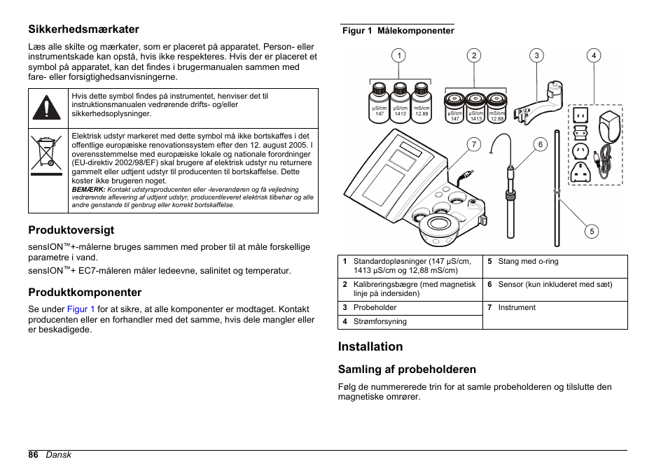 Sikkerhedsmærkater, Produktoversigt, Produktkomponenter | Installation, Samling af probeholderen | Hach-Lange SENSION+ EC7 User Manual | Page 86 / 268