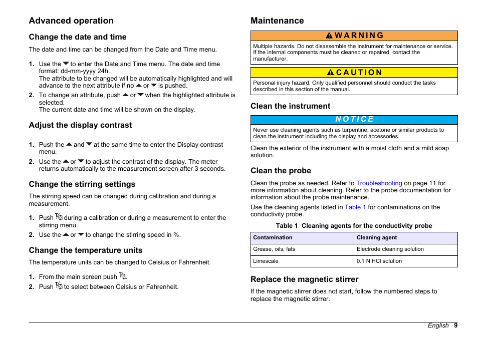 Advanced operation, Change the date and time, Adjust the display contrast | Change the stirring settings, Change the temperature units, Maintenance, Clean the instrument, Clean the probe, Replace the magnetic stirrer, The stirring settings, refer to | Hach-Lange SENSION+ EC7 User Manual | Page 9 / 268