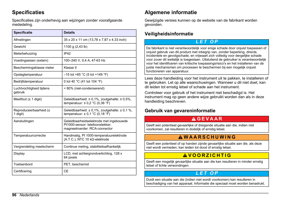 Gebruikershandleiding, Specificaties, Algemene informatie | Veiligheidsinformatie, Gebruik van gevareninformatie, Nederlands | Hach-Lange SENSION+ EC7 User Manual | Page 96 / 268
