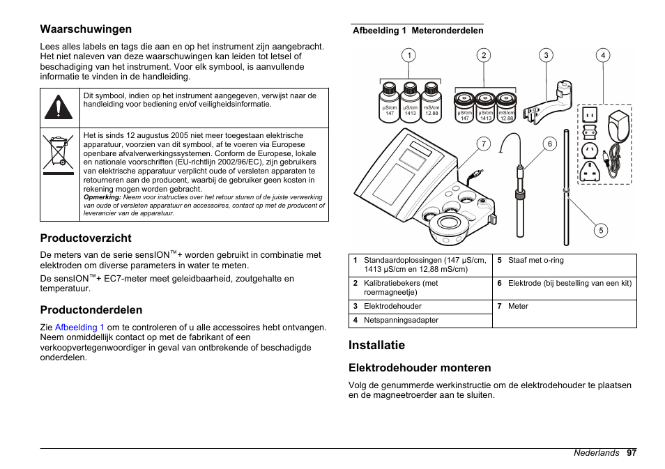 Waarschuwingen, Productoverzicht, Productonderdelen | Installatie, Elektrodehouder monteren | Hach-Lange SENSION+ EC7 User Manual | Page 97 / 268
