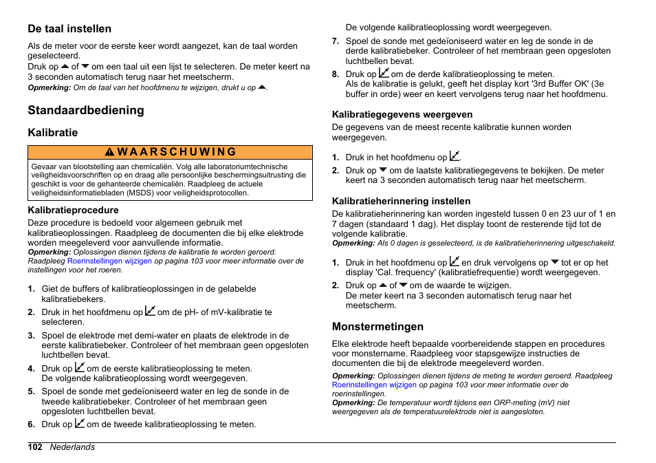 De taal instellen, Standaardbediening, Kalibratie | Kalibratieprocedure, Kalibratiegegevens weergeven, Kalibratieherinnering instellen, Monstermetingen | Hach-Lange SENSION+ pH3 User Manual | Page 102 / 278