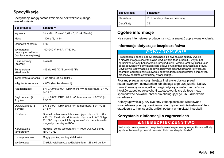 Instrukcja obsługi, Specyfikacje, Ogólne informacje | Informacje dotyczące bezpieczeństwa, Korzystanie z informacji o zagrożeniach, Polski | Hach-Lange SENSION+ pH3 User Manual | Page 109 / 278