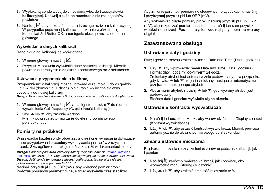 Wyświetlanie danych kalibracji, Ustawianie przypomnienia o kalibracji, Pomiary na próbkach | Zaawansowana obsługa, Ustawianie daty i godziny, Ustawianie kontrastu wyświetlacza, Zmiana ustawień mieszania, Podczas kalibracji roztwory należy mieszać. zobacz, Zmiana ustawień, Mieszania | Hach-Lange SENSION+ pH3 User Manual | Page 115 / 278