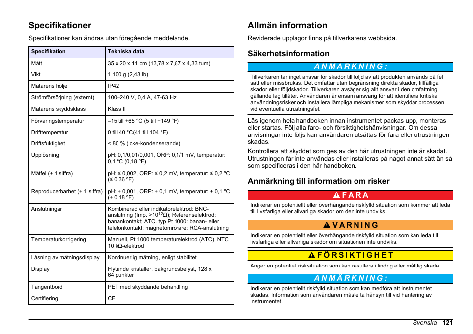 Bruksanvisning, Specifikationer, Allmän information | Säkerhetsinformation, Anmärkning till information om risker, Svenska | Hach-Lange SENSION+ pH3 User Manual | Page 121 / 278