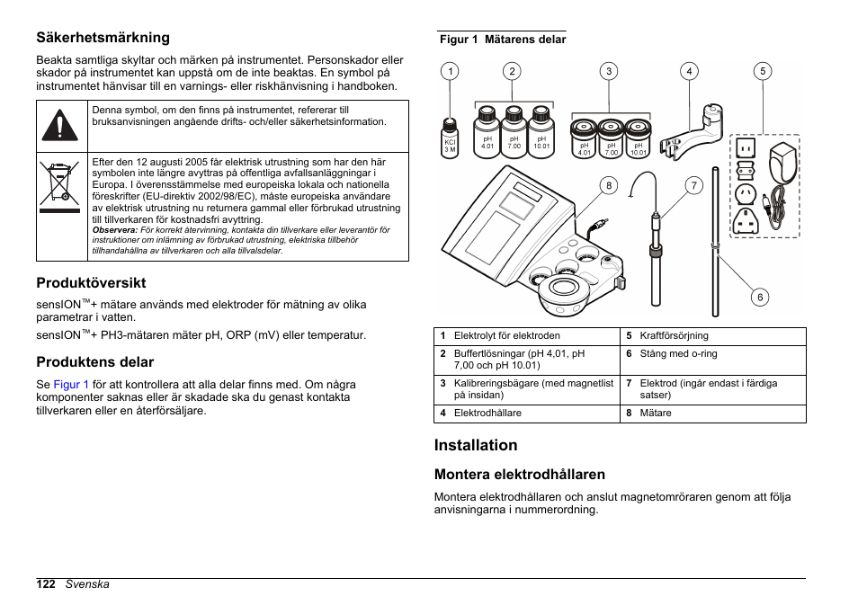 Säkerhetsmärkning, Produktöversikt, Produktens delar | Installation, Montera elektrodhållaren | Hach-Lange SENSION+ pH3 User Manual | Page 122 / 278