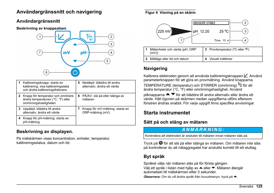 Användargränssnitt och navigering, Användargränssnitt, Beskrivning av displayen | Navigering, Starta instrumentet, Sätt på och stäng av mätaren, Byt språk | Hach-Lange SENSION+ pH3 User Manual | Page 125 / 278