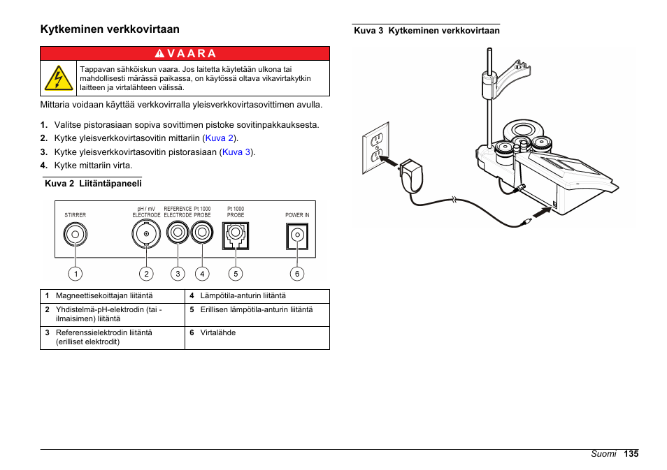 Kytkeminen verkkovirtaan | Hach-Lange SENSION+ pH3 User Manual | Page 135 / 278