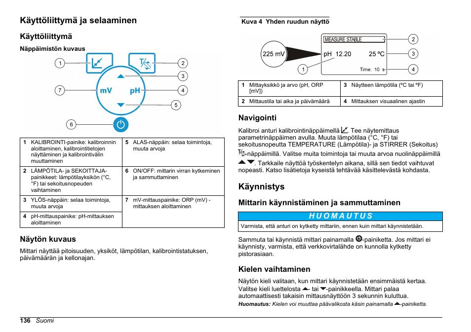 Käyttöliittymä ja selaaminen, Käyttöliittymä, Näytön kuvaus | Navigointi, Käynnistys, Mittarin käynnistäminen ja sammuttaminen, Kielen vaihtaminen | Hach-Lange SENSION+ pH3 User Manual | Page 136 / 278