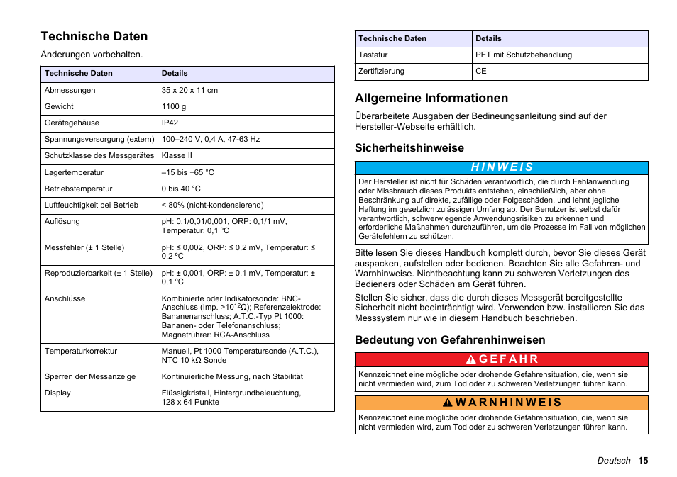 Bedienungsanleitung, Technische daten, Allgemeine informationen | Sicherheitshinweise, Bedeutung von gefahrenhinweisen, Deutsch | Hach-Lange SENSION+ pH3 User Manual | Page 15 / 278