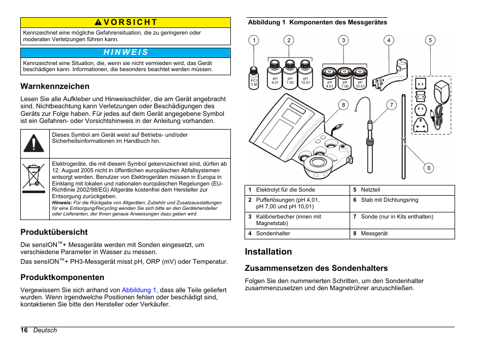 Warnkennzeichen, Produktübersicht, Produktkomponenten | Installation, Zusammensetzen des sondenhalters | Hach-Lange SENSION+ pH3 User Manual | Page 16 / 278