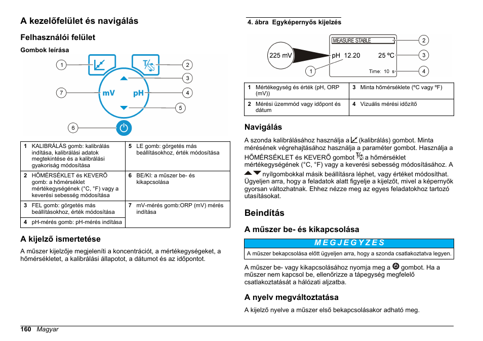 A kezelőfelület és navigálás, Felhasználói felület, A kijelző ismertetése | Navigálás, Beindítás, A műszer be- és kikapcsolása, A nyelv megváltoztatása | Hach-Lange SENSION+ pH3 User Manual | Page 160 / 278