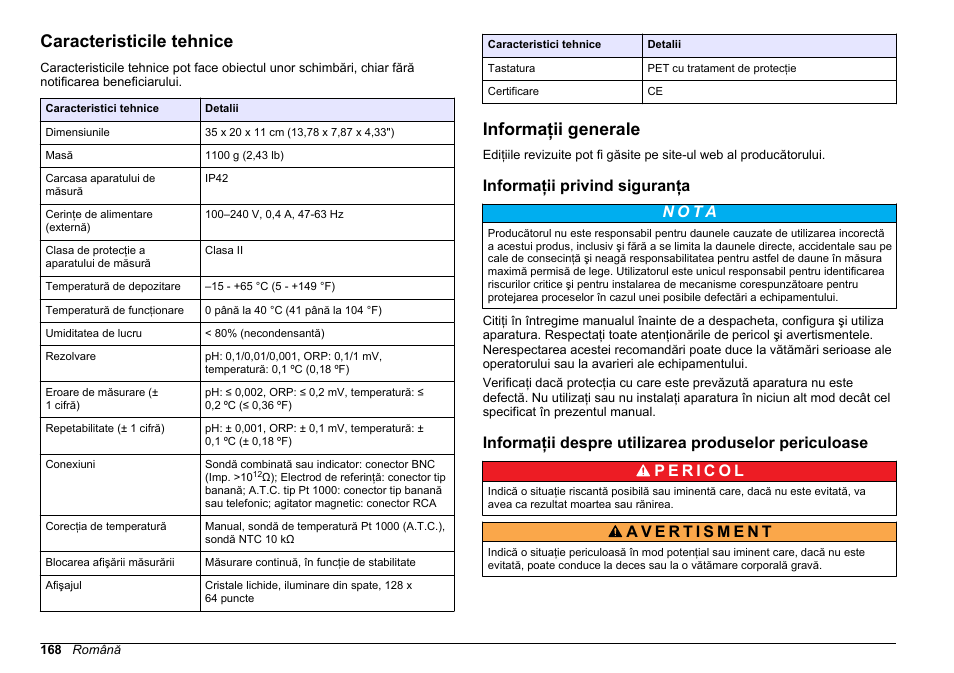 Manual de utilizare, Caracteristicile tehnice, Informaţii generale | Informaţii privind siguranţa, Română | Hach-Lange SENSION+ pH3 User Manual | Page 168 / 278