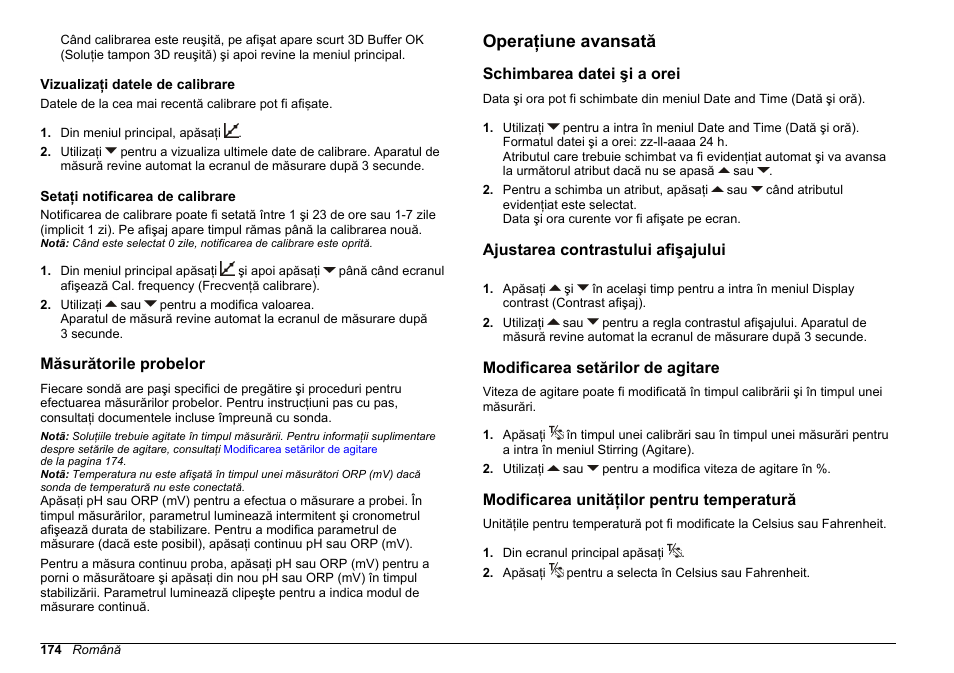 Vizualizaţi datele de calibrare, Setaţi notificarea de calibrare, Măsurătorile probelor | Operaţiune avansată, Schimbarea datei şi a orei, Ajustarea contrastului afişajului, Modificarea setărilor de agitare, Modificarea unităţilor pentru temperatură | Hach-Lange SENSION+ pH3 User Manual | Page 174 / 278