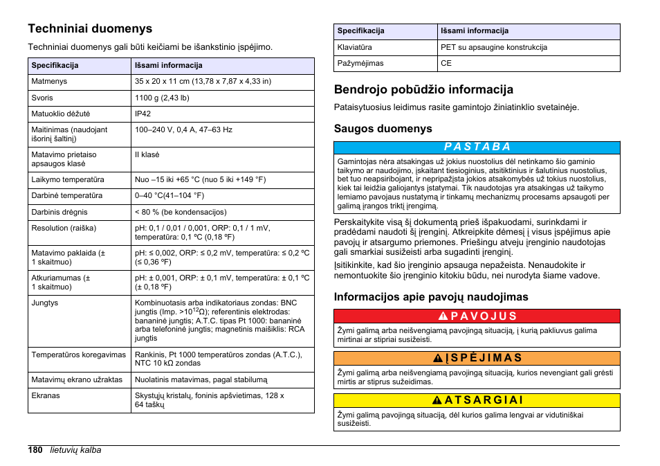 Naudotojo vadovas, Techniniai duomenys, Bendrojo pobūdžio informacija | Saugos duomenys, Informacijos apie pavojų naudojimas, Lietuvių kalba | Hach-Lange SENSION+ pH3 User Manual | Page 180 / 278